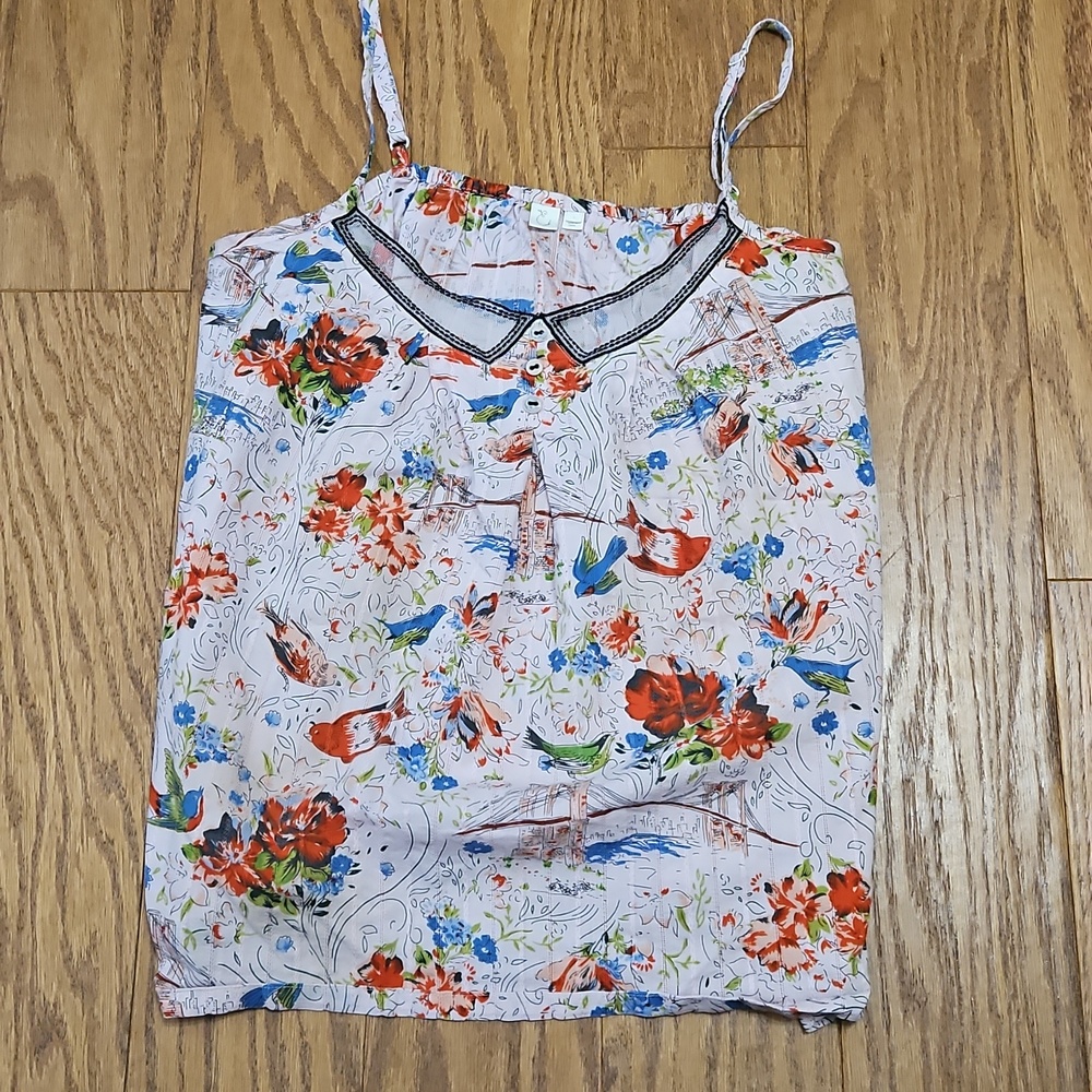 En Saison Cotton Whimsical Pink Bird Print cami top Sz L
